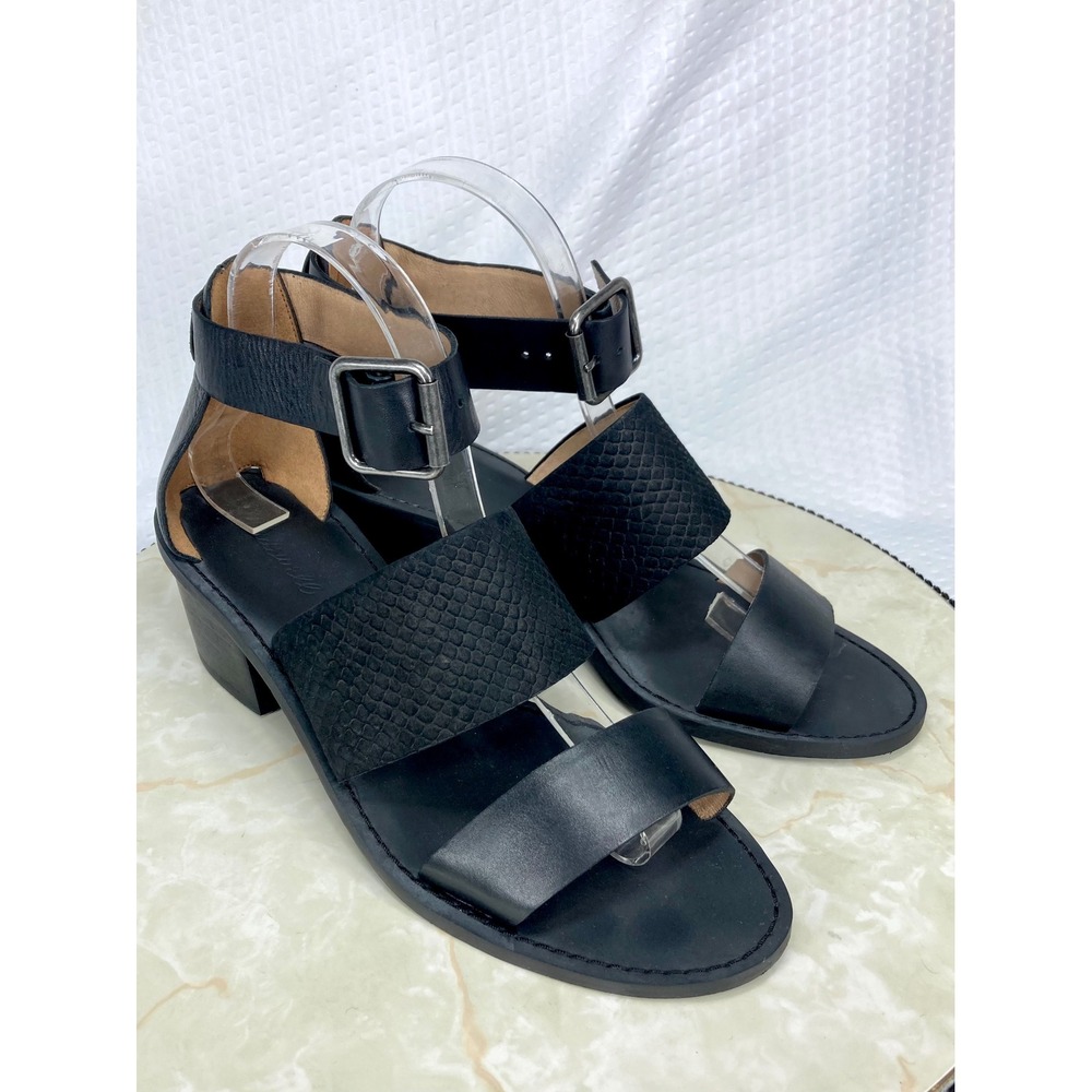 Madewell Snakeskin Embossed Block Heel Strappy Sandals Women 8.5 Black Leather